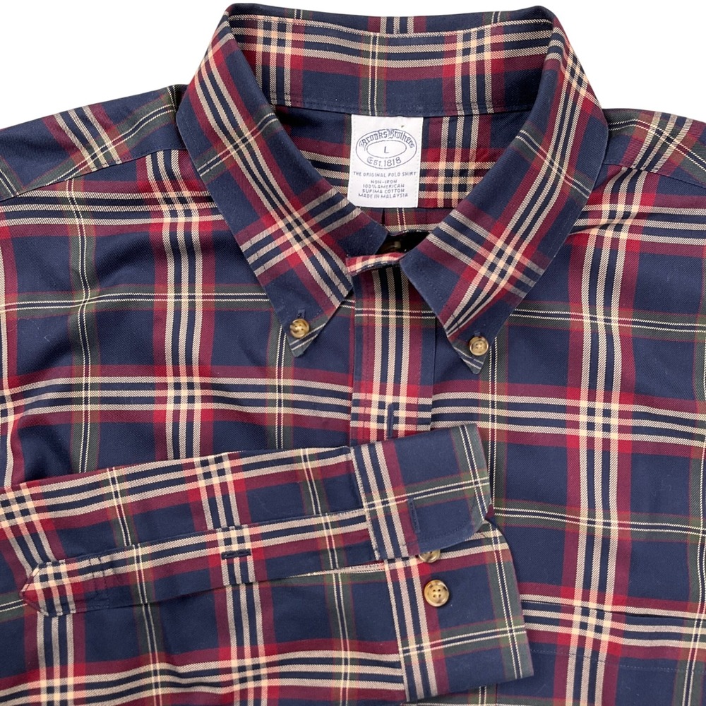 Brooks Brothers Shirt Mens Large L Red Blue Plaid Button Down Non Iron‎ Cotton